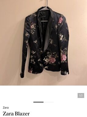 Zara Black Satin Floral Blazer with Pink and Cream Blooms